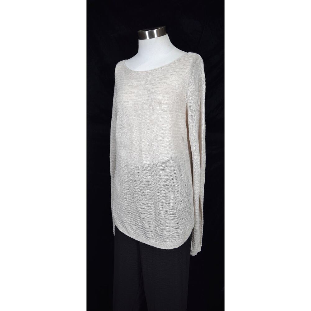 Tahari Linen Beige Pullover Sweater Scoop Neck Textured Stripes Hip Length Sz L